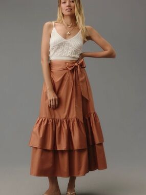 Anthropologie Tiered Wrap Maxi Skirt in Copper